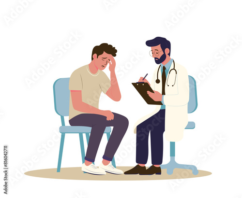 Patient in the doctor’s office. Doctor consultation. Woman with headache visit diagnosis. Vector flat cartoon illustration.