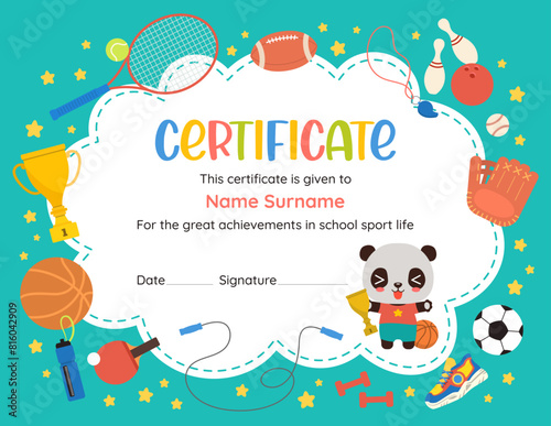Cute sports achievement certificate of recognition. Fun design template with kawaii cartoon animal panda. Flat vector sport icons. Perfect for celebrating young athlete success in elementary school. © Cute Design