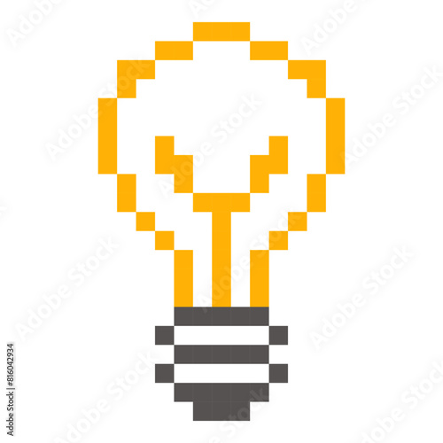 pixel art light bulb, crafted in a retro 8-bit style. The design brings a nostalgic feel reminiscent of classic video games, making it ideal for digital projects, game development