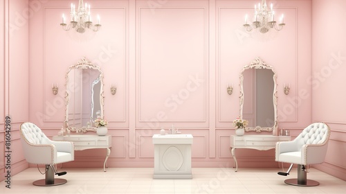 A classic 1920sinspired salon with soft pink walls  ornate silver mirrors  and crystal chandeliers  ideal for a chic beauty parlor or a luxurious private dressing room