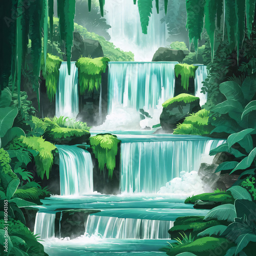 Lush green forest surrounds a cascading waterfall plunging into a clear rock pool