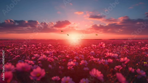 A bright sunset over a field of flowers with butterflies. Seamless looping 4k timelapse virtual video animation background generated AI 
 photo