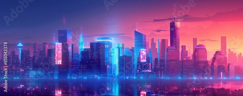 A retro-futuristic cityscape illuminated by the glow of neon lights and holographic displays  where towering skyscrapers reach for the stars.   illustration.