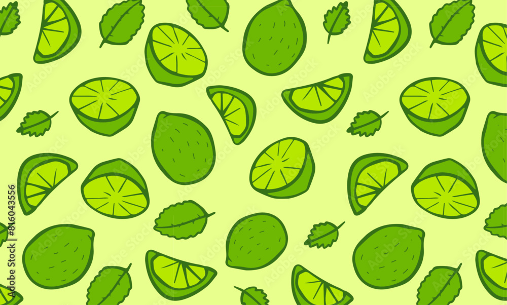 Lime slices and fruits seamless pattern. Citrus fruits on light green background. Healthy eating and tropical fruit concept. Design for poster, banner and fabric.