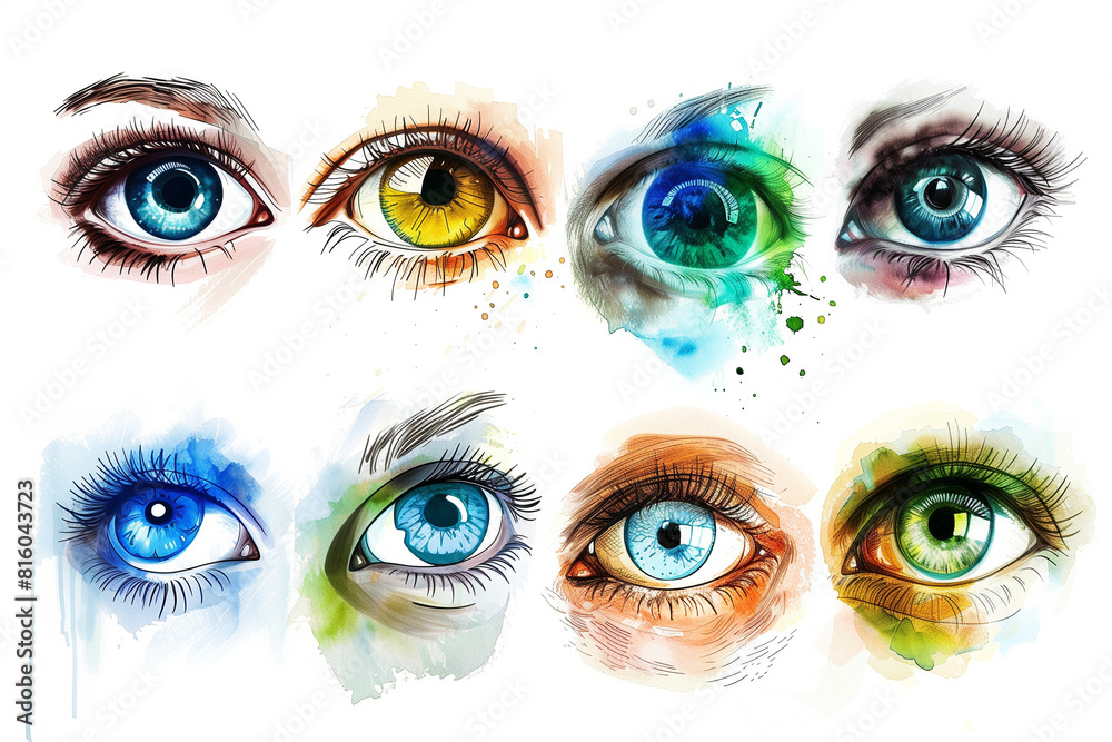 A set of eyes in different poses, realistic watercolor drawing, highly detailed illustration, high resolution, professional photograph, The ultrarealistic color grading on white background fine detail A set of eyes in different poses, realistic watercolor drawing, highly detailed illustration, high resolution, professional photograph, The ultrarealistic color grading on white background fine detail