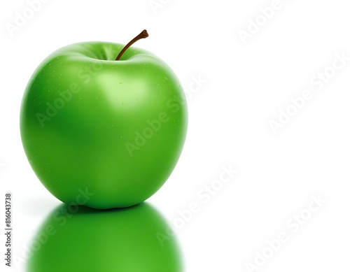 A close-up of a bright green apple with a white background