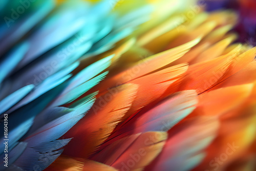 Colorful feathers background. Macro photo of soft parrot feathers in vivid rainbow colors. Abstract colorful composition with copy space. Bird wildlife pattern texture. Rainbow macaw feathers banner. photo