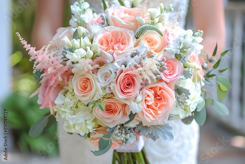 Bride holding pink and white flower bouquet