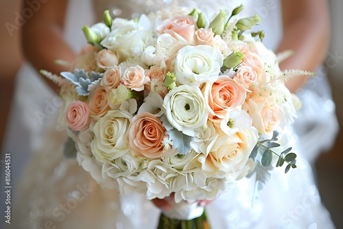 Bride holding a bouquet of white and peach flowers