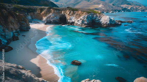 Garrapata Beach with nobody by the sea of clear blue water in a bay surrounded by rocky cliffs and mountain in Big Sur California USA : Generative AI