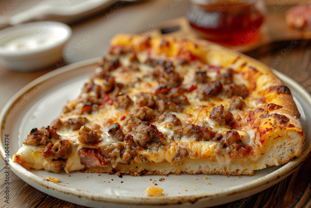 A slice of pizza on a plate on a table A slice of pizza on a plate on a table