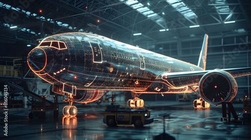 Airplane in a hangar with bright lights on it