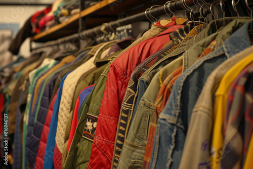 Hangers with used clothes in a second hand store.