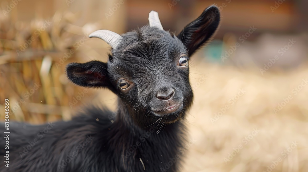 A baby black goat with tiny antlers playfully grooms its back on a farm A baby black goat with tiny antlers playfully grooms its back on a farm
