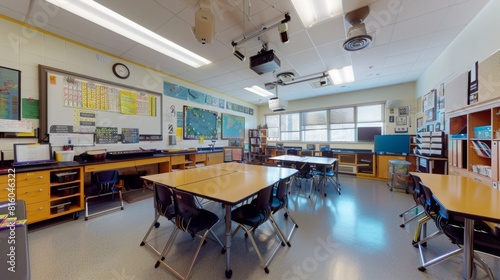 A complete panoramic view of a classroom filled with desks and chairs, arranged neatly in rows to accommodate students during lessons.