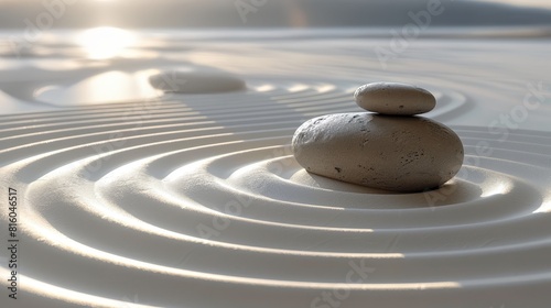 Zen stones stack on sand, Japanese garden, stability and balance