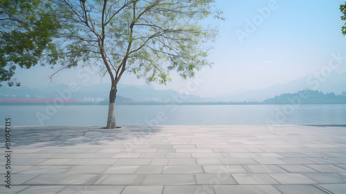 Empty square floor and West Lake scenery in HangzhouChina : Generative AI photo