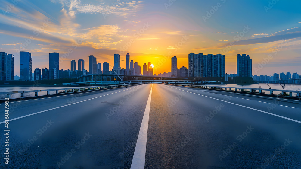 Asphalt road and bridge with modern city skyline at sunset in Ningbo Zhejiang Province China : Generative AI