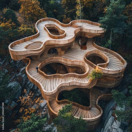 Wooden structure with a spiral design and a tree growing out of it