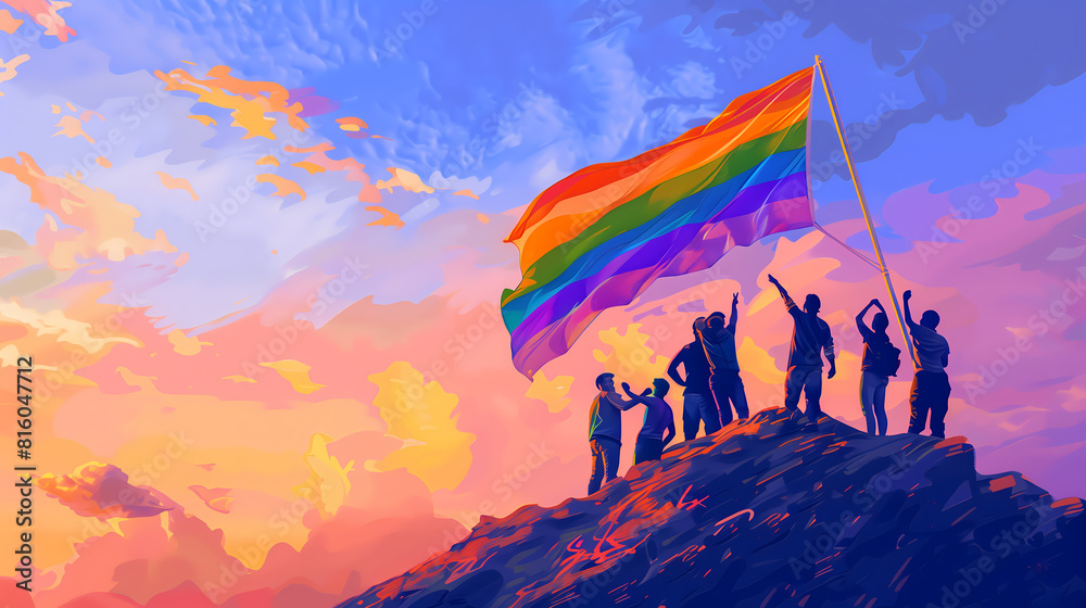 A group of people are standing on the hill are raising a big rainbow ...