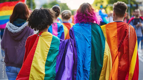Backside of a group of 4 LGBT at a pride parade with a rainbow flag cape on the parade background. Background design for the Pride month festival. © Kanlayarawit