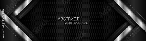 Abstract black and silver polygons on dark steel mesh background. with free space for design. modern technology innovation concept background	