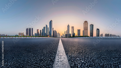 Asphalt road and city skyline with modern building at sunset in Suzhou Jiangsu Province China : Generative AI