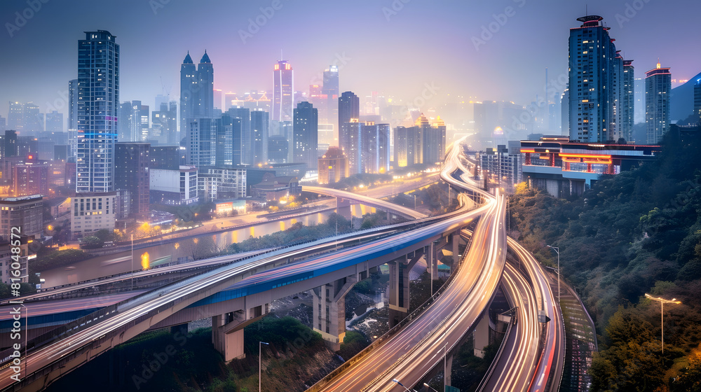 The expressway and the modern city skyline are in Chongqing China : Generative AI