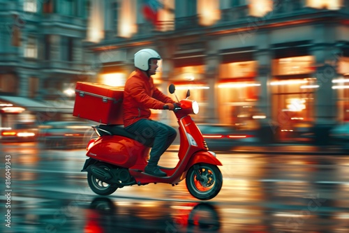 Swift Food Delivery Scooter Speeds Through Rainy Evening Streets © lucegrafiar