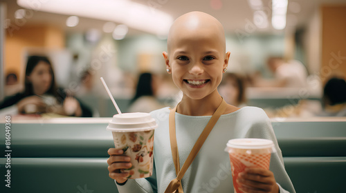 A sick child in the hospital canteen. Cancer Day.