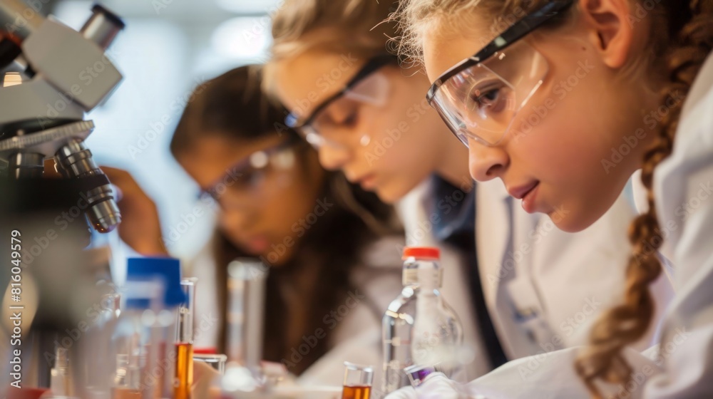Several young women wearing lab coats are gathered around a table, working together on a project. Several young women wearing lab coats are gathered around a table, working together on a project.