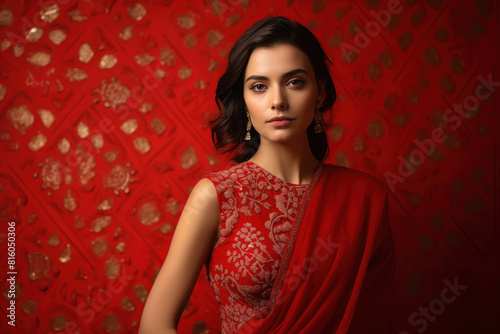 Young beautiful indian woman in traditional red color saree