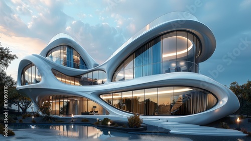 3d Futuristic Architectural Concept with Dynamic Curves and Glass Facades © DarkinStudio