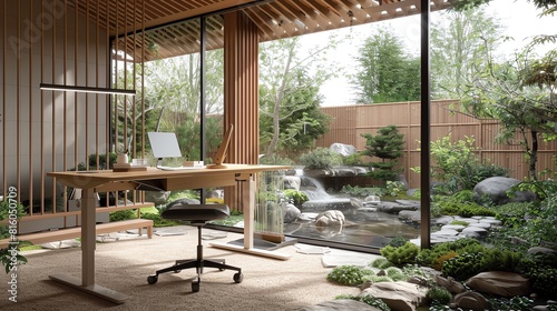 A tranquil home office overlooking a zen garden