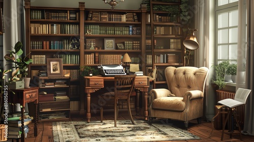 A writer s retreat with a classic wooden desk, typewriter, bookshelves filled with books, and a cozy armchair Style Classic, Color Sepia tones, Technique Oil painting photo
