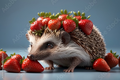 cute beautiful hedgehog and fresh strawberries