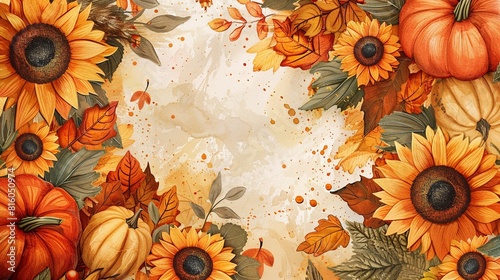 Warm seasonal colors in a festive autumn background with pumpkins, sunflowers, and fall leaves for a joyful Thanksgiving banner photo