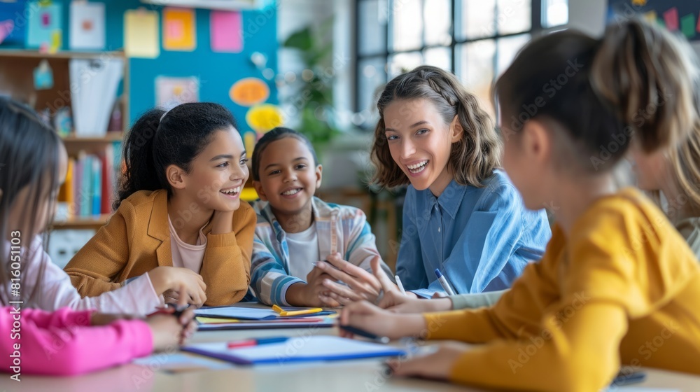 Group of diverse children sitting around a table in a classroom, engaging in educational activities and discussions. Group of diverse children sitting around a table in a classroom, engaging in educational activities and discussions.
