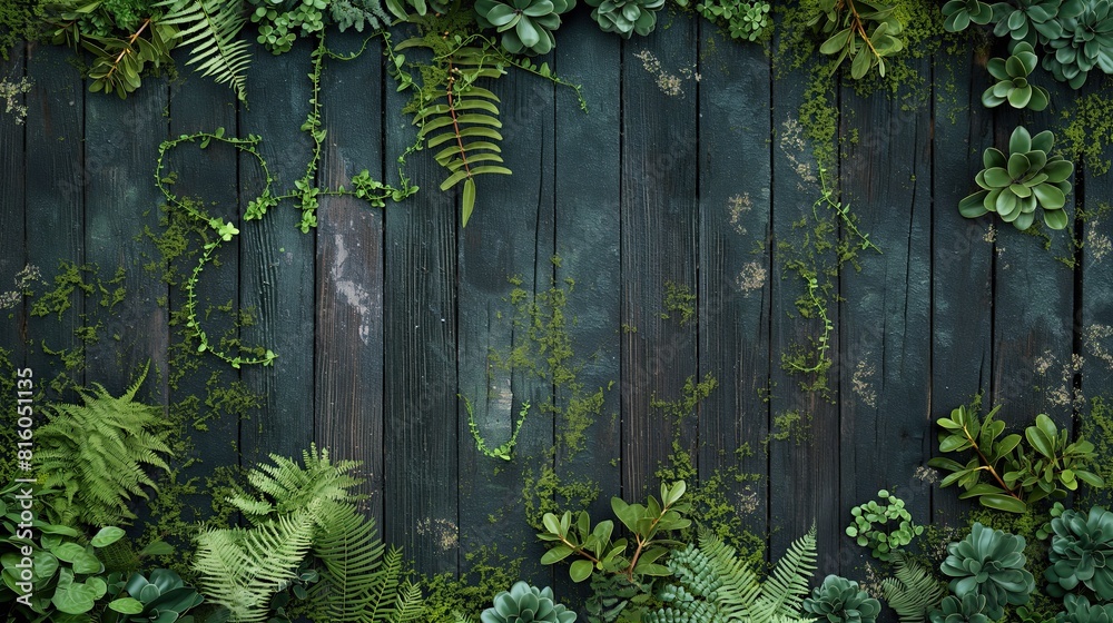 Artistic top view of a rustic wooden table framed by a variety of lush green plants and leaves, creating a natural and serene setting.. Artistic top view of a rustic wooden table framed by a variety of lush green plants and leaves, creating a natural and serene setting..