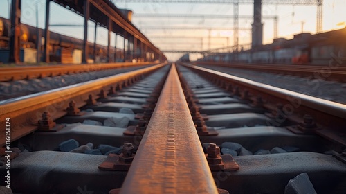 Perspective view of railway tracks glowing in the sunset, stretching towards the horizon with a blurred train station background..