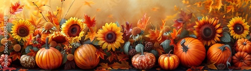 Thanksgiving banner featuring a joyful composition of pumpkins  sunflowers  and fall leaves with warm autumn hues 8K   high-resolution  ultra HD up32K HD