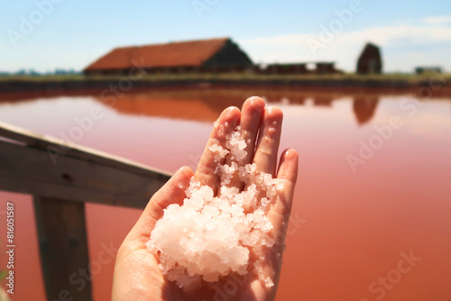 Handful of salt in front of the main bathing, swimming pool with intense pink color at the Burgas Salt Pans, Lake Atanasovsko, Atanasovo, Burgas, Bourgas, Bulgaria photo