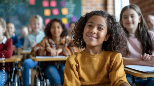 A group of diverse children sitting attentively at desks in a brightly lit classroom, engaged in learning activities.