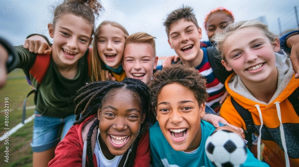 Obraz premium A diverse group of children smiling and posing for a selfie together on a green soccer field.