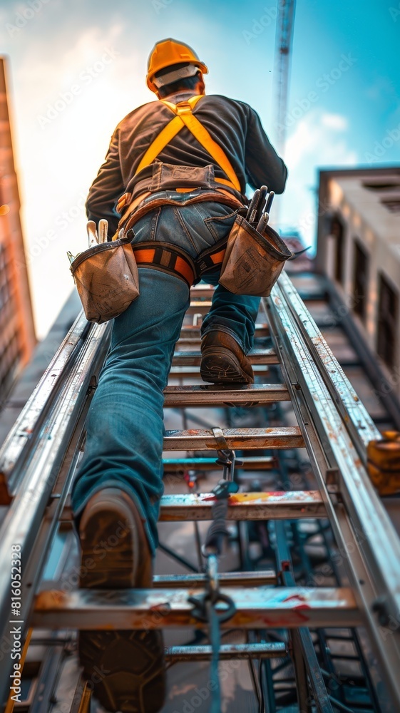 A man in a hard hat and safety vest climbs a ladder A man in a hard hat and safety vest climbs a ladder