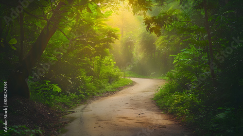 Beautiful path to explore national park Wild nature with green high trees and foliage Alternative eco friendly tourism lifestyle concept vacation destination Environment and nature car : Generative AI photo