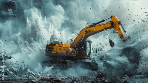 A yellow excavator is in the middle of a construction site, surrounded by rubble