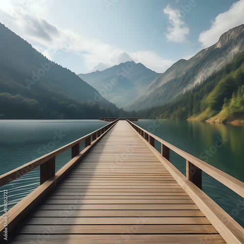 Empty wooden bridge with the lake mountain and beautiful landscape -- generated by ai