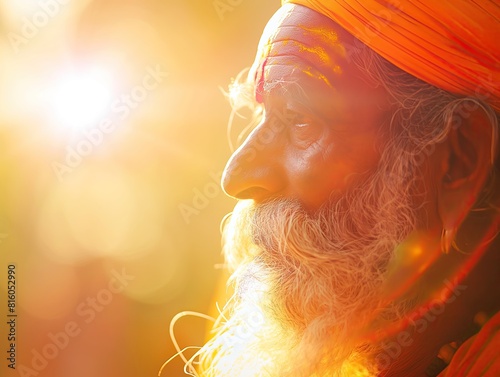Close-up portrait of an Indian sadhu wearing a vibrant orange turban, his face marked with traditional Hindu tilaka, symbolizing spiritual wisdom.. photo