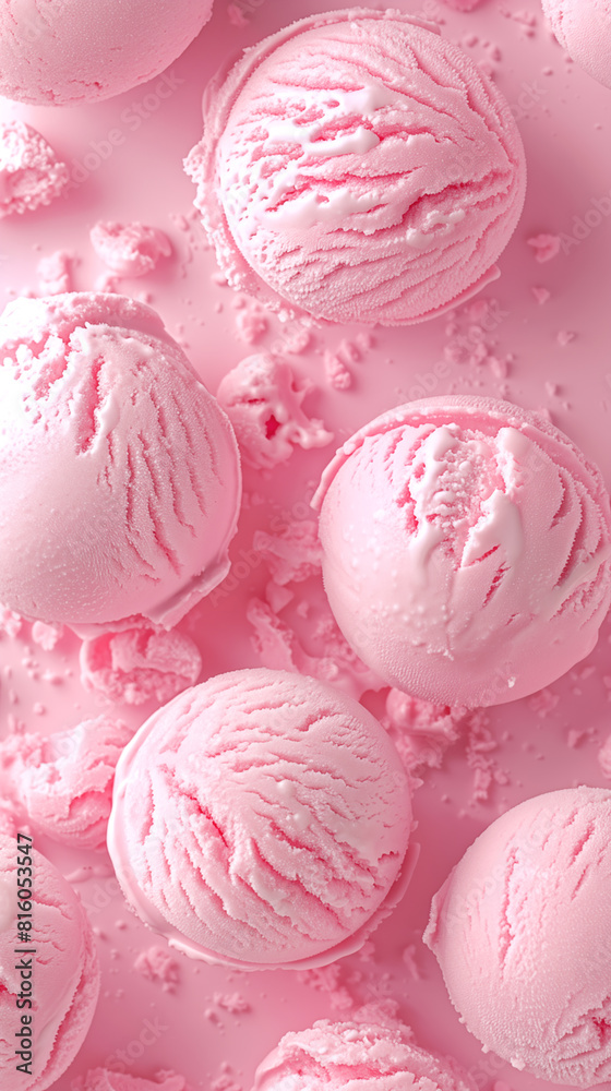 Bubble gum flavored ice cream scoops on pink background Bubble gum flavored ice cream scoops on pink background